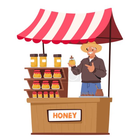 Ilustración de El carácter amigable del granjero vende orgullosamente miel pura y dorada cosechada de su pujante colmena de abejas en el puesto de mercado, lo que atrae a los clientes con su dulzura natural. Dibujos animados Gente Vector Ilustración - Imagen libre de derechos