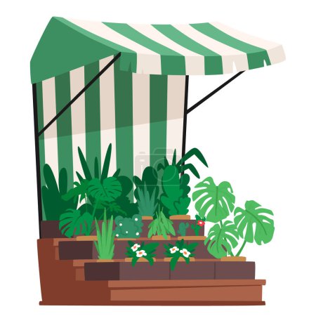 Téléchargez les illustrations : Kiosque de stand de jardinier avec verrière à rayures vertes, offrant des fleurs vibrantes, des fleurs et une végétation luxuriante. Inviter l'espace pour améliorer votre jardin avec des plantes savamment conservées. Illustration vectorielle de bande dessinée - en licence libre de droit