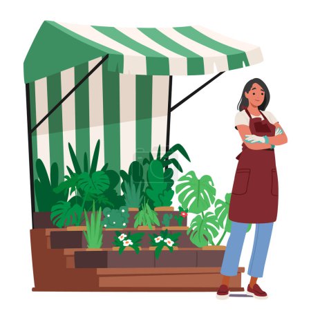 Illustration for Woman Florist Character In An Apron And Garden Gloves, Arms Crossed, Stands Proudly At Her Gardener Market Stall, Surrounded By A Vibrant Array Of Plants For Sale. Cartoon People Vector Illustration - Royalty Free Image