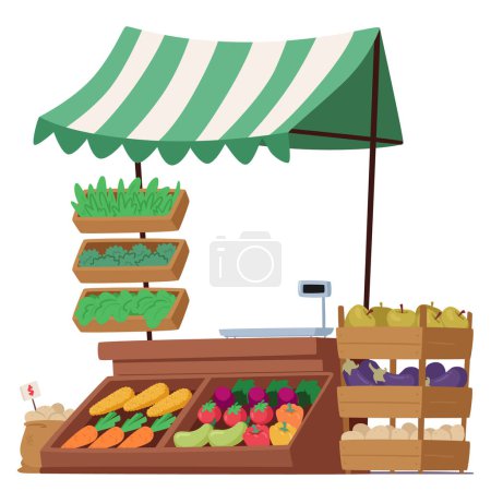 Illustration for Vibrant Fresh Vegetable Stall Kiosk Adorned With A Colorful Striped Canopy, Showcasing A Diverse Array Of Crisp, Farm-fresh Produce In A Bustling Market Setting. Cartoon Vector Illustration - Royalty Free Image