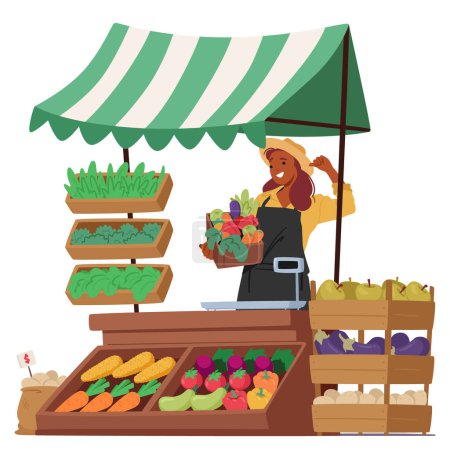 Ilustración de Carácter de agricultora muestra orgullosamente una vibrante variedad de verduras frescas y vegetación en el puesto de mercado mostrando colores ricos y variedad de la recompensa cosechada. Dibujos animados Gente Vector Ilustración - Imagen libre de derechos