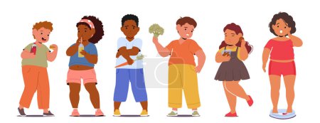 Ilustración de Personajes de niños con sobrepeso con exceso de peso corporal debido a hábitos alimenticios poco saludables y falta de actividad física. Los niños gordos necesitan una dieta equilibrada y ejercicio regular. Dibujos animados Gente Vector Ilustración - Imagen libre de derechos
