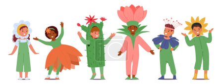 Téléchargez les illustrations : Enfants décorés dans des costumes de fleurs vibrantes, pétales flottants à chaque étape. Leurs tenues éclatent de couleurs, transformant la pièce en jardin fleuri de joie et de rire. Illustration vectorielle de bande dessinée - en licence libre de droit