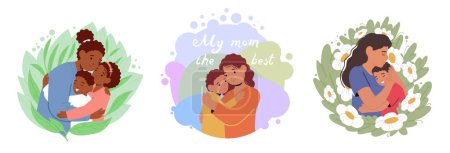 Illustration for Heartwarming Portraits Capturing Tender Moment, Mothers Envelop their Children In Loving Embrace, Their Faces Glowing With Joy And Contentment, Surrounded By Warmth And Affection. Vector Illustration - Royalty Free Image