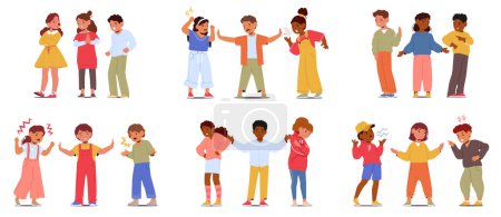 Illustration for Set of Kids Mediators Calmly Listens To Fighting Friends, Encourages Open Communication, And Suggests Compromises, Fostering Understanding And Friendship In A Positive Resolution. Vector Illustration - Royalty Free Image