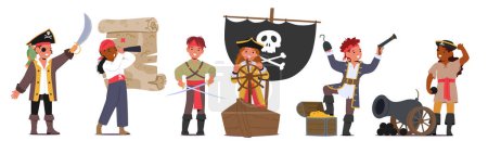 Ilustración de Piratas aventureros de niños, vestidos con trajes coloridos, armados con espadas de juguete y parches deportivos para los ojos, se embarcan en misiones imaginativas para tesoros en patios traseros y parques infantiles. Ilustración vectorial - Imagen libre de derechos