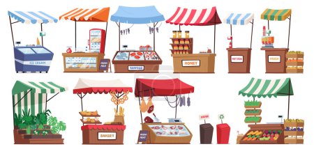 Téléchargez les illustrations : Stands de marché colorés ornés de verrières vibrantes, abritant une gamme diversifiée de marchandises. Crème glacée, poisson et viande, miel ou produits laitiers en attente, boutiques invitantes. Illustration vectorielle de bande dessinée - en licence libre de droit