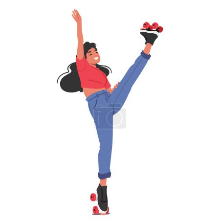 Téléchargez les illustrations : Jeune femme caractère joyeusement Roller Skating, sa jambe gracieusement élevé à mi-mouvement, mettant en valeur ses compétences et sa liberté, isolé sur fond blanc. Illustration vectorielle des personnages de bande dessinée - en licence libre de droit