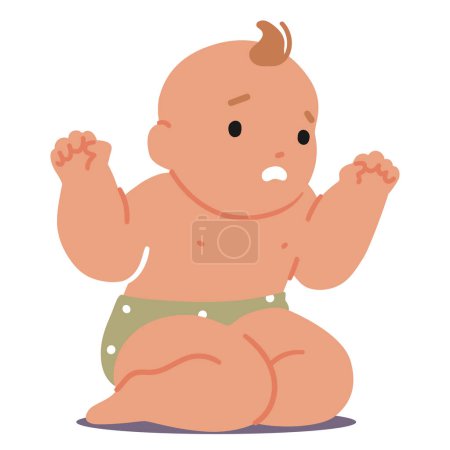 Baby Sitting on Floor with Upset Face, Quivering Lip, Teary Eyes, And A Raised Brow Conveying Distress And A Plea For Comfort. Infant or Toddler Character Emotions. Cartoon People Vector Illustration