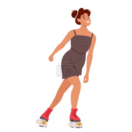 Young Woman Character Roller Skating Graceful And Swift, She Glides On Wheels, With Fluid Elegance. Dances, Twirls And Spins Accentuate Her Rhythmic Movement. Cartoon People Vector Illustration