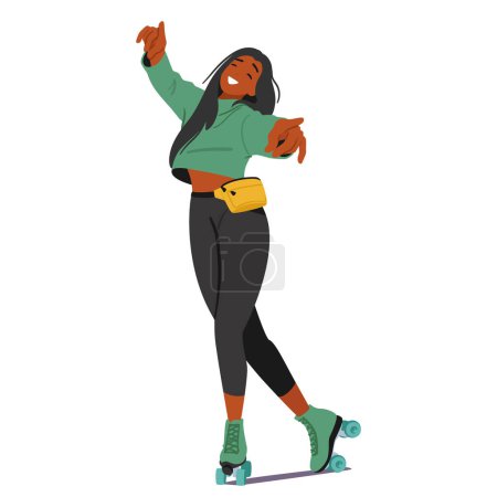 Téléchargez les illustrations : Jeune femme noire patinant gracieusement avec énergie joyeuse, mettant en valeur son mouvement fluide et son esprit dynamique. Personnage féminin adolescent isolé sur fond blanc. Illustration vectorielle des personnages de bande dessinée - en licence libre de droit