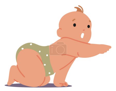 Baby steht auf Knien mit Pointing Gestik, Haltung beinhaltet das Ausstrecken eines Arms mit einem gestreckten Zeigefinger, das Interesse oder Neugier signalisiert, begleitet von fokussiertem Blick. Zeichentrickvektorillustration
