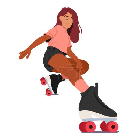 Téléchargez les illustrations : Teen Girl glisse sans effort sur les patins à roulettes, en riant et en naviguant sur la patinoire avec grâce et une exubérance jeune. Caractère féminin noir incarnant la liberté et la joie. Illustration vectorielle des personnages de bande dessinée - en licence libre de droit