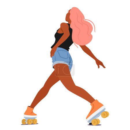Young Woman Gracefully Glides On Roller Skates, Her Movements Fluid And Confident. Black Female Character on Rollerblades Spins And Sways With Effortless Elegance. Cartoon People Vector Illustration