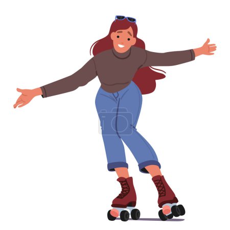 Téléchargez les illustrations : La jeune femme glisse sans effort sur des patins à roulettes, fuyant la joie et la liberté alors qu'elle navigue sur la patinoire avec grâce et agilité. Personnage féminin formé sur les rollers. Illustration vectorielle des personnages de bande dessinée - en licence libre de droit