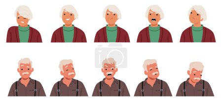 Illustration for Old Man And Woman Face Expressions And Emotions. Male Or Female Grandparent Characters with Evil Smile. Aged People. Feel Angry And Sad, Yelling, Upset Or Sorrowful. Cartoon Vector Illustration - Royalty Free Image