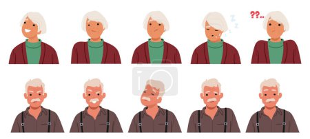 Old Man And Woman Face Expressions And Emotions. Male Or Female Characters Feel Joy, Sorrow, Anger And Confusion. Aged People Smile, Angry, Sleeping And Ask Questions. Cartoon Vector Illustration