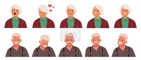 Illustration for Old Man And Woman Face Expressions And Emotions. Male Or Female Characters Feel Surprise, Joy, Sorrow And Confusion, Anger. Aged People Smile, Wink Eye, Love Or Sadness. Cartoon Vector Illustration - Royalty Free Image