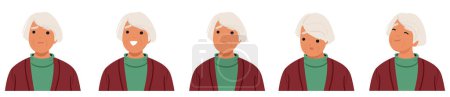 Illustration for Old Woman Facial Emotions. Senior Female Character Calm, Smile, Upset and Happy. Granny Exudes Wisdom, Empathy, Tinged With Melancholy or Pensive Reflection. Cartoon People Vector Illustration - Royalty Free Image