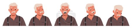 Illustration for Old Man Face Emotions Set. Senior Grey Haired Male Character Feel Joy with Happy Eyes, Sorrow, Wisdom, Smile, Anger and Dissatisfaction. Pensioner Yell and Feel Upset. Cartoon Vector Illustration - Royalty Free Image