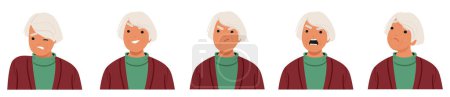 Old Woman Facial Emotions Set Captures A Rich Tapestry Of Experiences. Joy Twinkles In Her Eyes, Sorrow Etches Deep Lines, Wisdom, Serene Smile, Anger and Dissatisfaction. Cartoon Vector Illustration