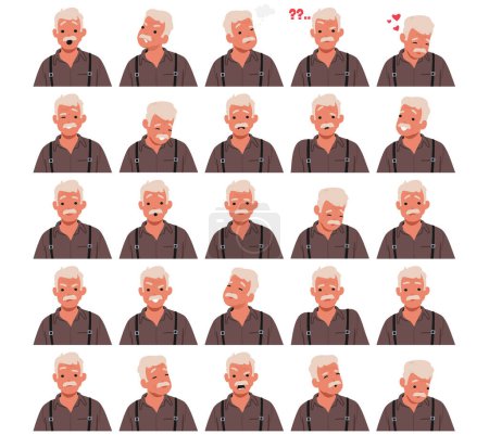 Old Man Face Emotions Set. Wrinkled Senior Male Character Feels Joy, Nostalgic Sadness, Fatigue And Confusion. Senior Person Fall in Love, Thinking, Shocked, Angry. Cartoon People Vector Illustration