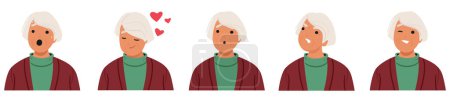 Illustration for Old Woman Facial Emotions Set. Senior Female Character Feel Joy, Surprise, Love, Wisdom, Anger, Contentment, Shock And Resilience Etched Into The Lines Of Her Face. Cartoon People Vector Illustration - Royalty Free Image