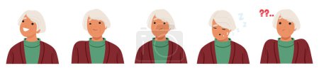 Illustration for Old Woman Face Displays A Rich Tapestry Of Emotions. Wrinkled Senior Female Character Feels Joy, Serene Wisdom, Hint Of Nostalgic Sadness, Fatigue and Confusion. Cartoon People Vector Illustration - Royalty Free Image