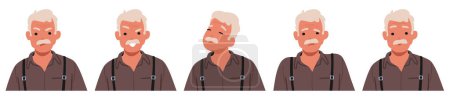Old Man Face Displays A Rich Tapestry Of Emotions. Wrinkled Senior Male Character Feels Joy, Gloat, Sadness, Guilty, Evil Smile, Anger and And Dissatisfaction. Cartoon People Vector Illustration