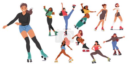 Téléchargez les illustrations : Ensemble vectoriel vibrant de jeunes femmes gracieusement Roller Skating et Skateboard, Exuding Energy and Joy. Filles de patinage à roulettes capturées dans des poses dynamiques isolées sur fond blanc. Illustration de bande dessinée - en licence libre de droit