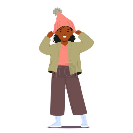 Illustration for Little Black Girl Places Knit Pink Winter Hat Over Her Curls, Her Eyes Sparkling With Joy Under The Snug, Warm Brim. Cheerful Child Character Prepare for Outdoors. Cartoon People Vector Illustration - Royalty Free Image