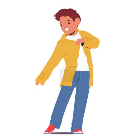 Illustration for Small Boy Character Diligently Slips Into His Jacket, Readying Himself For Brisk Walk, Excitement Sparking In His Eyes As He Anticipates The Outdoor Adventure Ahead. Cartoon People Vector Illustration - Royalty Free Image