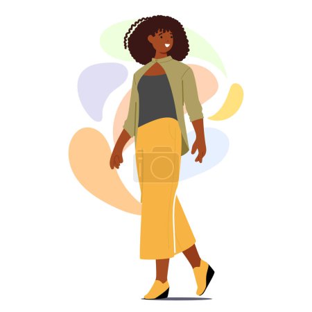 Femme noire gracieuse et confiante progresse dans une tenue à la mode, incorporant élégance et individualité à chaque pas. Caractère féminin afro-américain moderne. Illustration vectorielle des personnages de bande dessinée