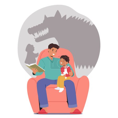 Illustration for Dad And Son Family Characters Snuggle In An Armchair, A Fairy Tale Book Open Before Them, As He Reads Aloud, Their Faces Alight With The Magic Of Storytelling and Shadows of Red Hood Story on the Wall - Royalty Free Image