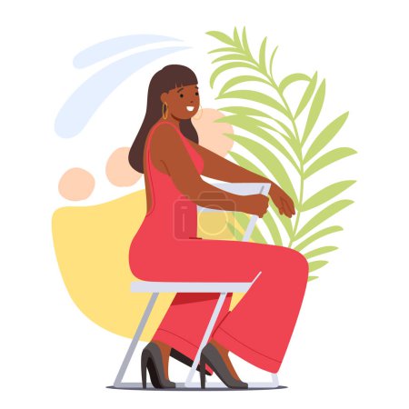 Atemberaubende schwarze Frau strahlt Zuversicht in roten Overalls aus, anmutig auf einem Stuhl sitzend. Ihre Haltung spiegelt Stärke und Stil wider, eine lebendige Verkörperung selbstbewusster Schönheit. Vektorillustration