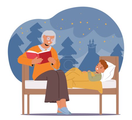 Granny Character Reading Enchanting Fairy Tales to Grandson in Lying Bed, Comforting Voice Lulling A Wide-eyed Child Into A World Of Magical Dreams and Imagination. Cartoon People Vector Illustration