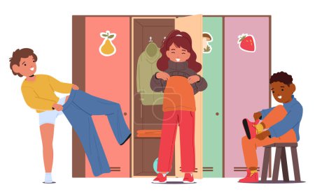 Children Stand By Kindergarten Lockers, Giggling And Chatting As They Dress In Colorful Outfits, Preschool Kid Characters Putting On Pants, Shoes and Sweaters. Cartoon People Vector Illustration