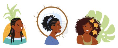 Téléchargez les illustrations : Avatars de portrait de femmes africaines exquis, ornés d'une tenue vibrante, personnages féminins noirs rayonnant d'élégance avec des tons de peau riches, des yeux captivants et des sourires gracieux. Illustration vectorielle de bande dessinée - en licence libre de droit