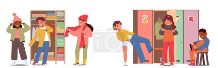 Children, Amidst Laughter And Chatter, Hurriedly Don Their Clothes Near Kindergarten Lockers or Wardrobe, Fumbling With Buttons And Zippers In The Morning Rush. Cartoon People Vector Illustration