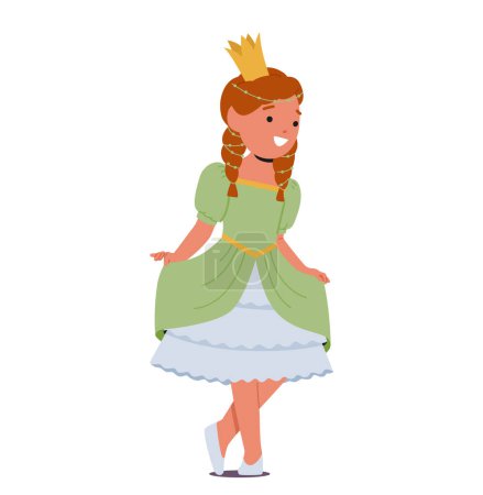 Illustration for Little Girl Character Curtsy, Radiates Joy In Sparkling Princess Or Queen Costume, Her Gown Flowing And Crown Shining, Embodying Regal Elegance And Youthful Dreams. Cartoon People Vector Illustration - Royalty Free Image