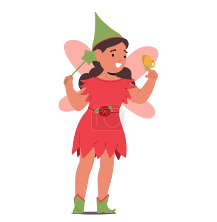 Téléchargez les illustrations : Petite fille, ornée d'un costume de fée, rayonne de magie avec des ailes de papillon, une baguette dans la main, et chapeau au-dessus de ses boucles, caractère incarnant l'enchantement de la nature. Illustration vectorielle des personnages de bande dessinée - en licence libre de droit