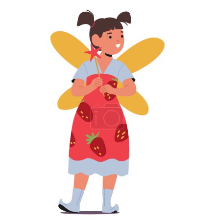 Illustration for Little Girl In Fairy Costume. Garden Pixie Character with Delicate Wings and Gown Adorned With Strawberries, Her Face Lit With Wonder And Magic as she wields a wand. Cartoon People Vector Illustration - Royalty Free Image