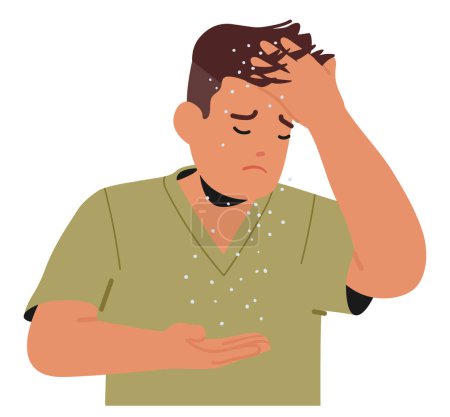 Illustration for Man With Persistent Dandruff Issues Exhibits Flaky Scalp, Causing Discomfort And Embarrassment. Character Seeking Effective Solutions For A Healthier, Dandruff-free Hair. Cartoon Vector Illustration - Royalty Free Image