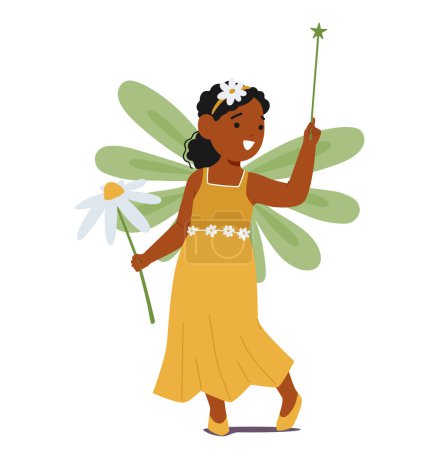 Illustration for Black Child Character In Delicate Fairy Costume with Wand and Flower. Little Girl Radiates Enchantment With Green Wings, Yellow Gown And Headband Adorning Her Curls. Cartoon People Vector Illustration - Royalty Free Image