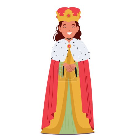 Téléchargez les illustrations : Caractère de petite fille, ornée d'une princesse royale ou d'un costume de reine, rayonne de joie et d'innocence, ses yeux scintillent de rêves dans un monde d'enchantement imaginaire. Illustration vectorielle des personnages de bande dessinée - en licence libre de droit