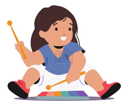 Illustration for Delightful Little Child Sits On The Floor With A Rainbow Xylophone. Baby Girl Character With Wide Focused Eyes Gently Tap The Colorful Bars Creating Joyful Melodies. Cartoon People Vector Illustration - Royalty Free Image
