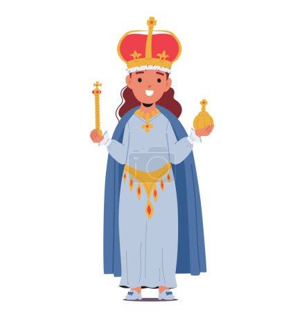 Illustration for Little Girl Dressed As A Princess Or Queen Character, wear Sparkling Crown, Regal, Flowing Gown And Holding Scepter, Exudes Royal Charm And Imaginative Playfulness. Cartoon People Vector Illustration - Royalty Free Image