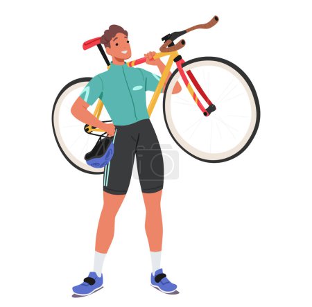 Carácter de ciclista deportista, vestido con equipo profesional, levanta con confianza su bicicleta sobre un hombro, mostrando fuerza, determinación y pasión por el paseo. Dibujos animados Gente Vector Ilustración