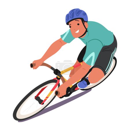 Ilustración de Carácter ciclista deportista, vestido con un engranaje vibrante, monta su bicicleta con una sonrisa radiante, mostrando pasión y determinación en el camino abierto, vista superior. Dibujos animados Gente Vector Ilustración - Imagen libre de derechos