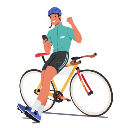 Relaxed Sportsman Cyclist Character Perches On His Bike Frame, Smartphone In Hand, Making A Triumphant Yeah Gesture, Embodying Joy And Satisfaction. Cartoon People Vector Illustration